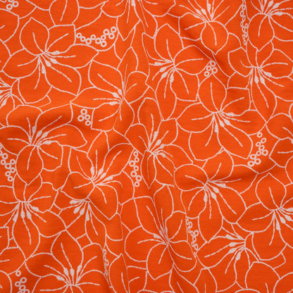 Polyester Crepe with 3D Puffy Print - Orange and White Embroidery Style Hibiscus Floral - Designer Deadstock