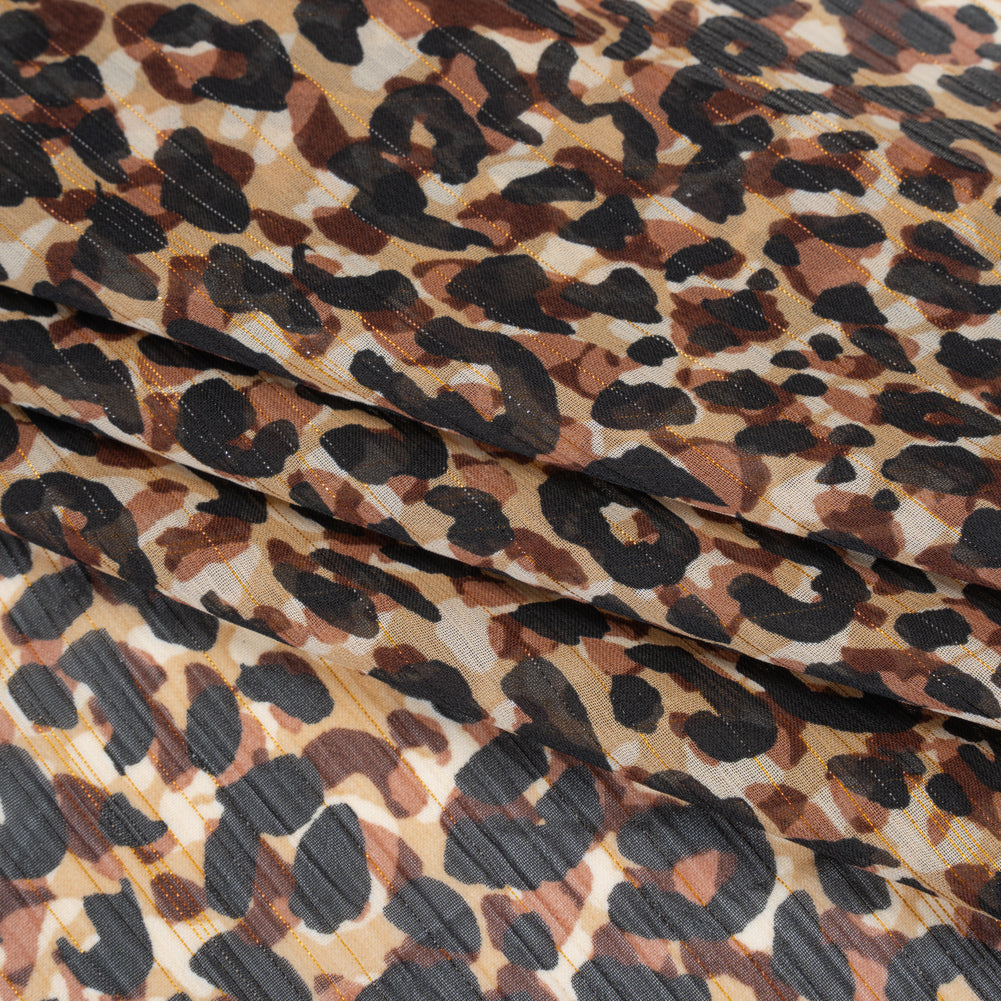 Crinkled Polyester Chiffon Print with Metallic Gold Pinstripes - Black, Brown and Beige Abstract Animal Spots - Designer Deadstock Folded