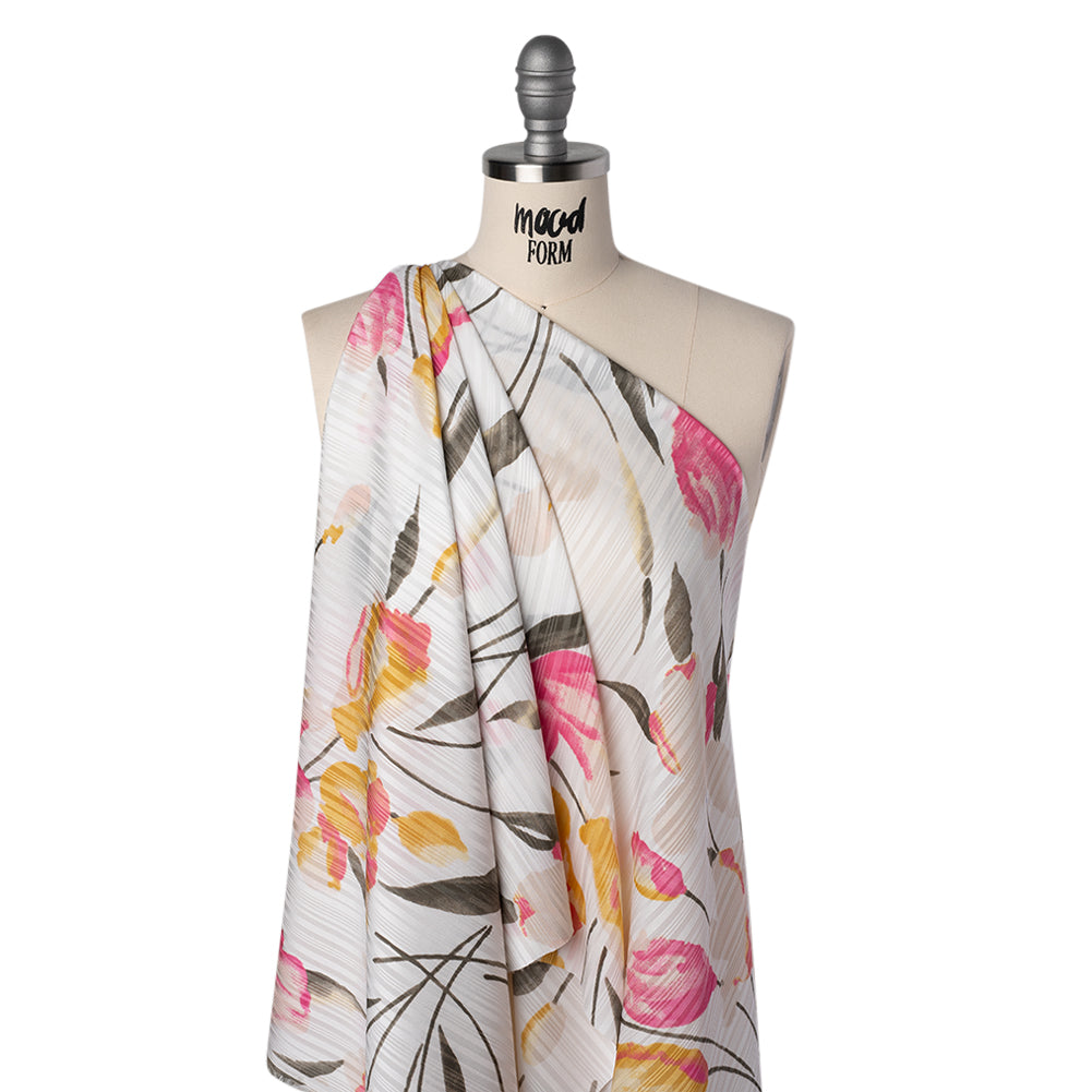 Satin Stripes Polyester Dobby Print - Pink, Golden Yellow and Olive Painterly Tulip Flowers - Designer Deadstock Folded
