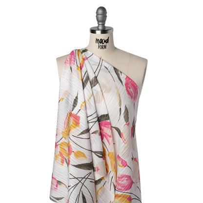 Satin Stripes Polyester Dobby Print - Pink, Golden Yellow and Olive Painterly Tulip Flowers - Designer Deadstock Folded