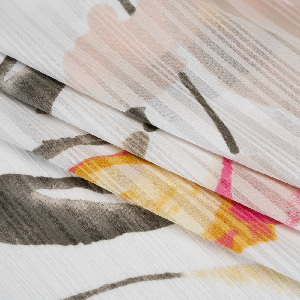 Satin Stripes Polyester Dobby Print - Pink, Golden Yellow and Olive Painterly Tulip Flowers - Designer Deadstock Detail