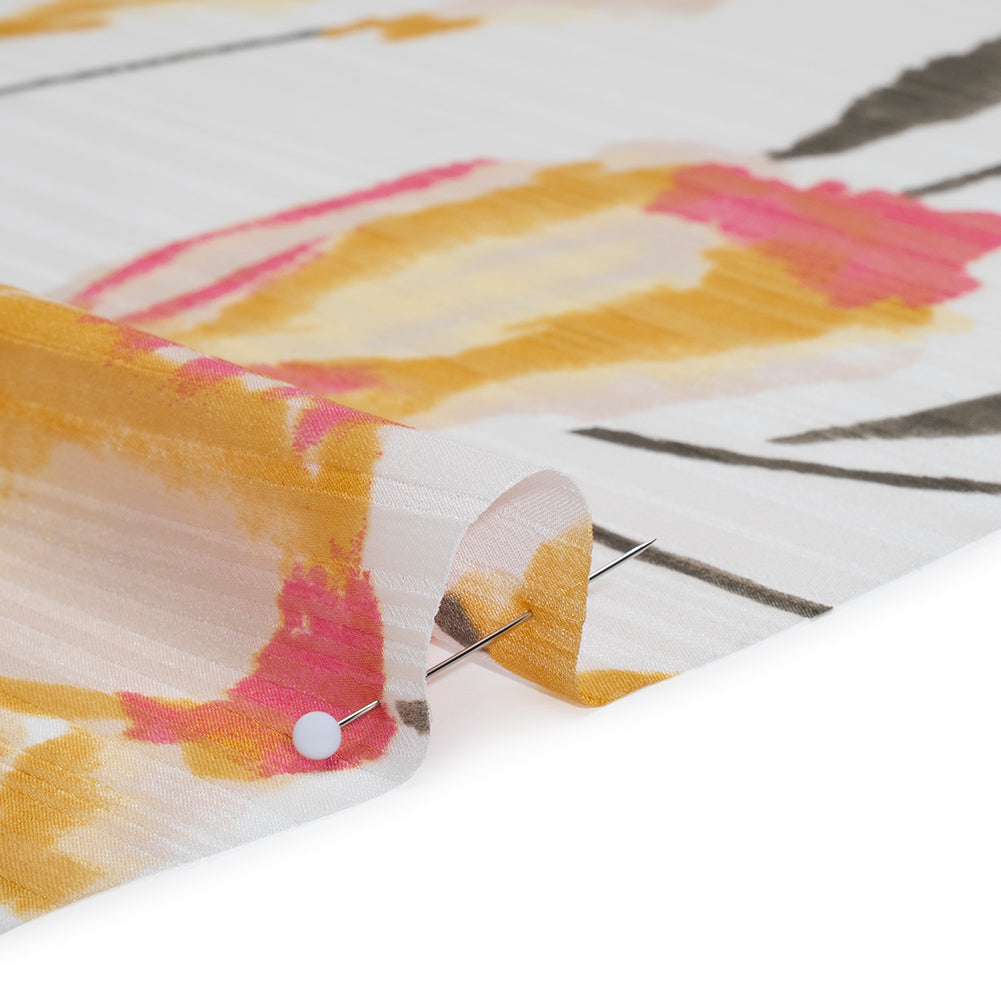 Satin Stripes Polyester Dobby Print - Pink, Golden Yellow and Olive Painterly Tulip Flowers - Designer Deadstock Full