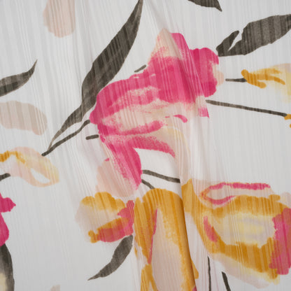 Satin Stripes Polyester Dobby Print - Pink, Golden Yellow and Olive Painterly Tulip Flowers - Designer Deadstock Drape
