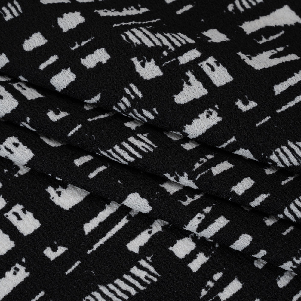 Crinkled Polyester Jacquard Knit - Black and White Abstract Grid - Designer Deadstock Folded