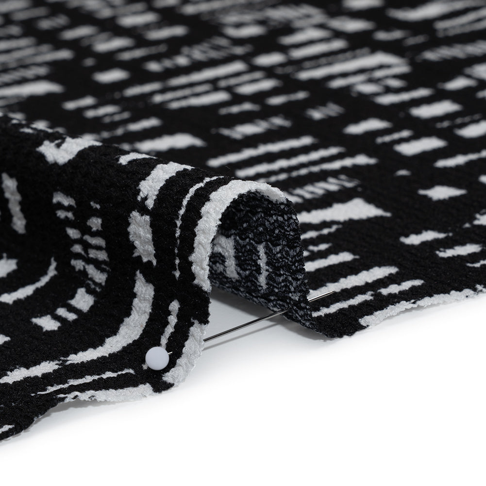Crinkled Polyester Jacquard Knit - Black and White Abstract Grid - Designer Deadstock Detail