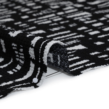 Crinkled Polyester Jacquard Knit - Black and White Abstract Grid - Designer Deadstock Detail