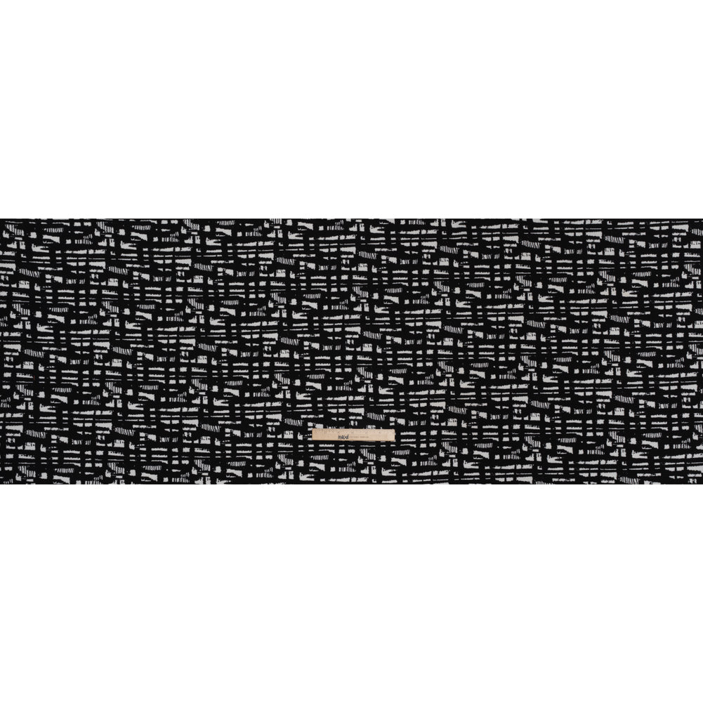 Crinkled Polyester Jacquard Knit - Black and White Abstract Grid - Designer Deadstock Full