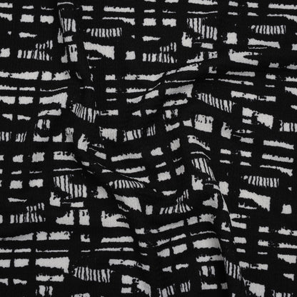Crinkled Polyester Jacquard Knit - Black and White Abstract Grid - Designer Deadstock