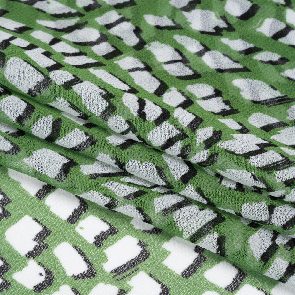 Polyester Chiffon - Grass Green, White and Black Abstract - Designer Deadstock - Folded