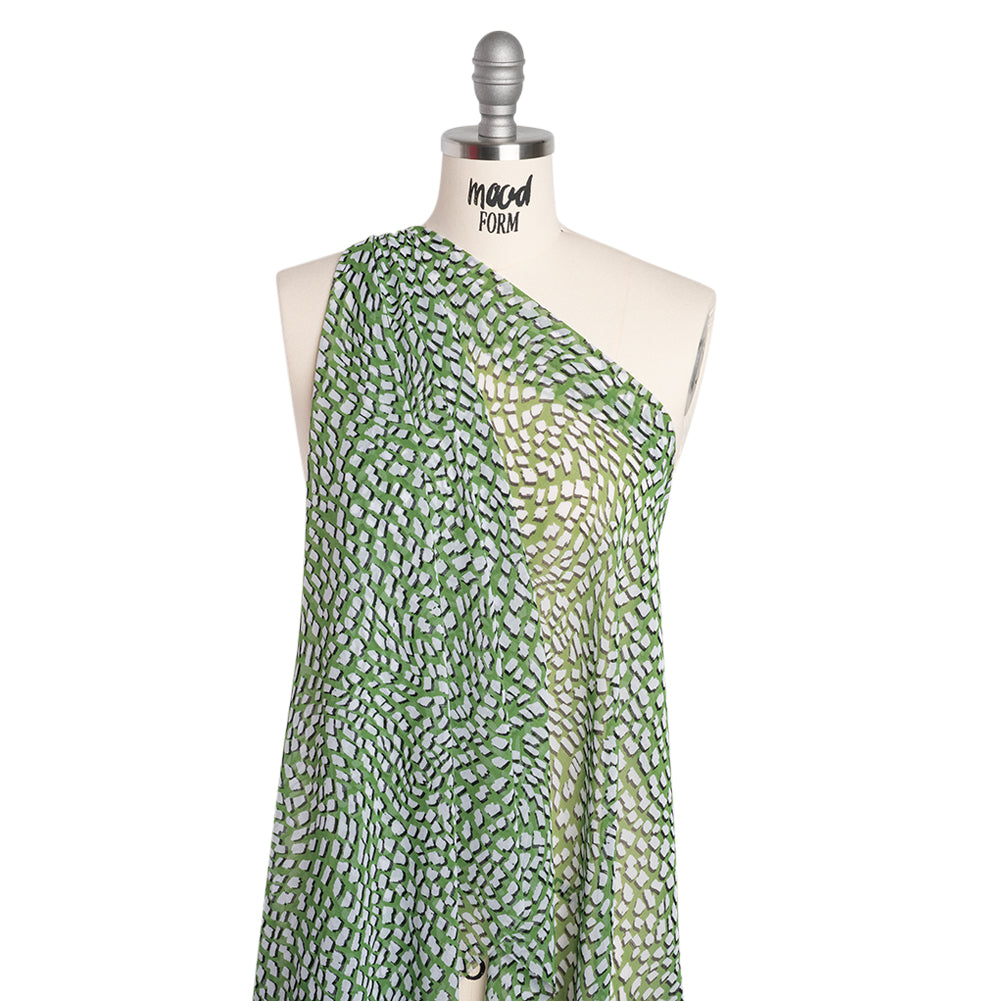 Polyester Chiffon - Grass Green, White and Black Abstract - Designer Deadstock - Drape