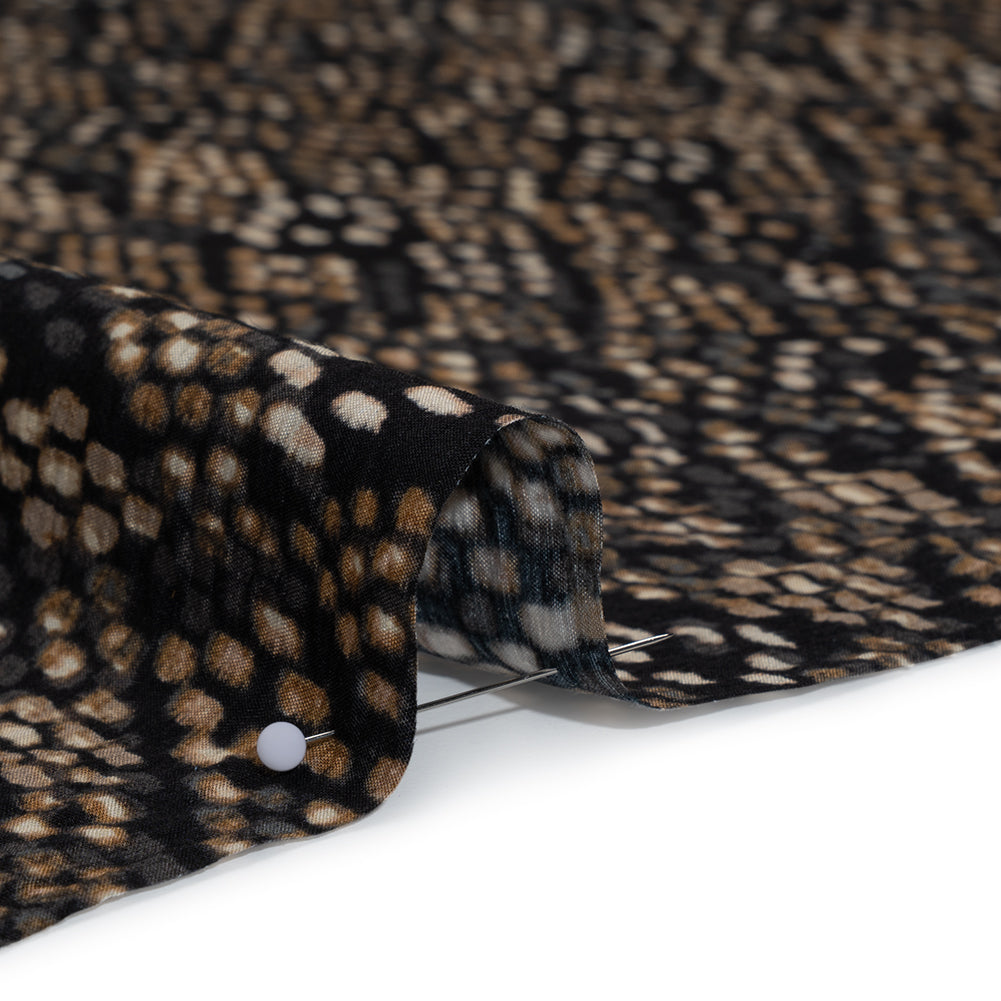 Crinkled Rayon and Nylon Woven - Black and Brown Snakeskin Spots - Designer Deadstock Detail
