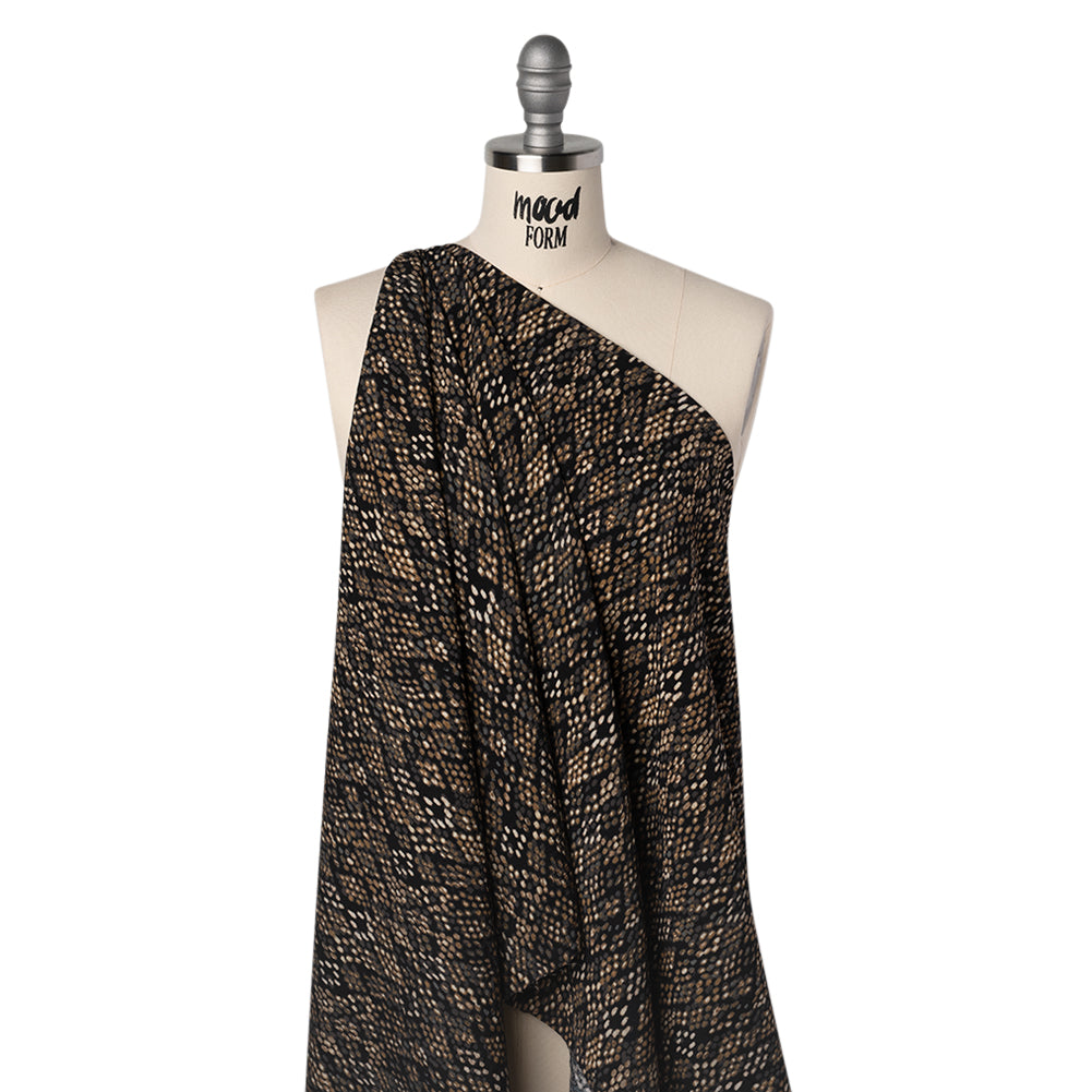 Crinkled Rayon and Nylon Woven - Black and Brown Snakeskin Spots - Designer Deadstock Drape