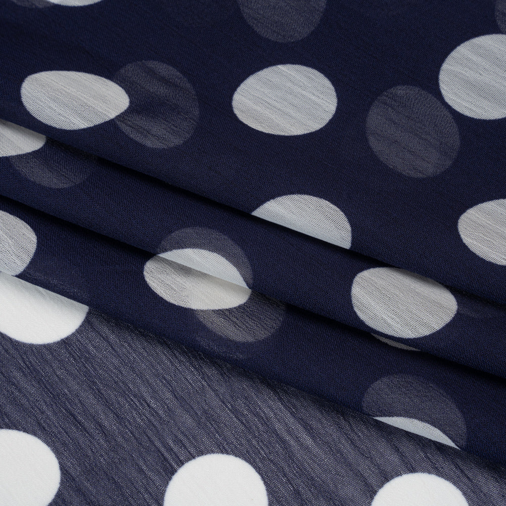 Crinkled Polyester Chiffon Print - Navy and White Polka Dots - Designer Deadstock - Folded
