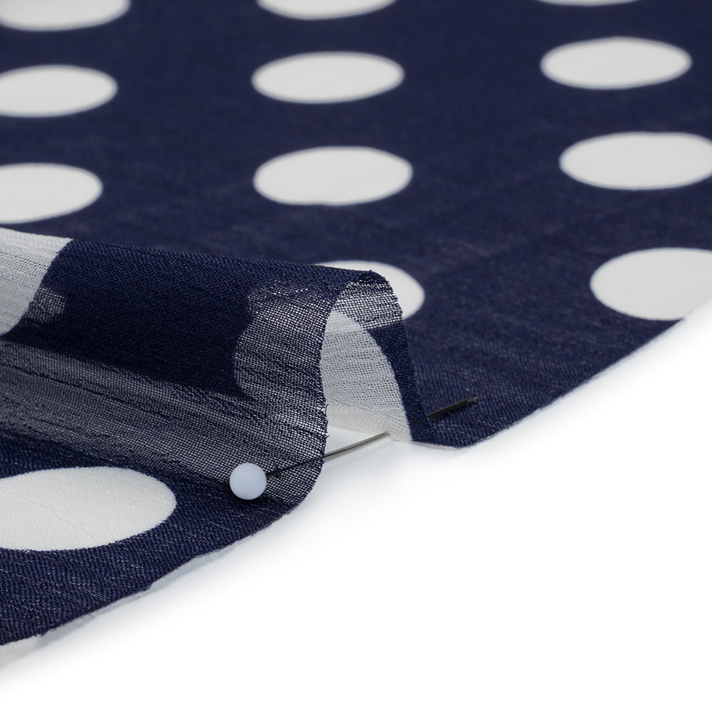 Crinkled Polyester Chiffon Print - Navy and White Polka Dots - Designer Deadstock - Detail