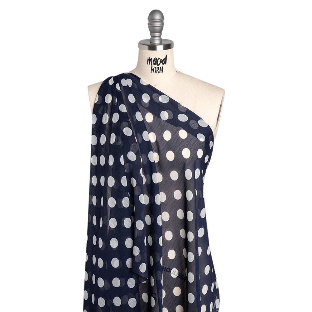 Crinkled Polyester Chiffon Print - Navy and White Polka Dots - Designer Deadstock - Drape