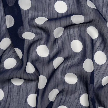 Crinkled Polyester Chiffon Print - Navy and White Polka Dots - Designer Deadstock