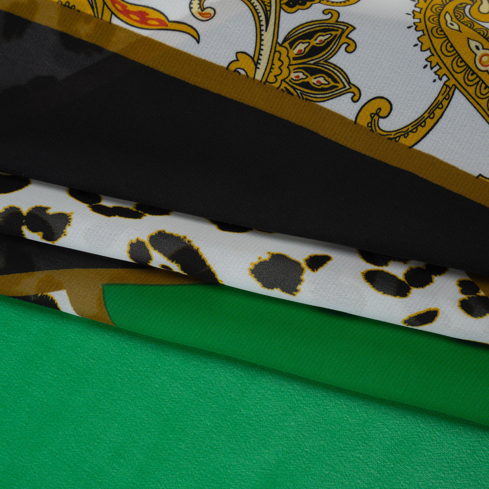 Polyester Chiffon Print - Green, Black and Gold Classical Patchwork - Designer Deadstock - Folded
