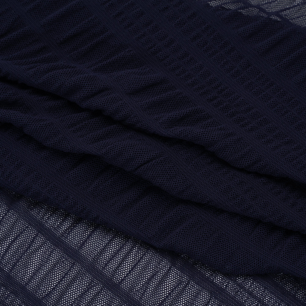 Ruched Stretched Nylon Mesh - Navy Blue Stripes - Designer Deadstock - Folded