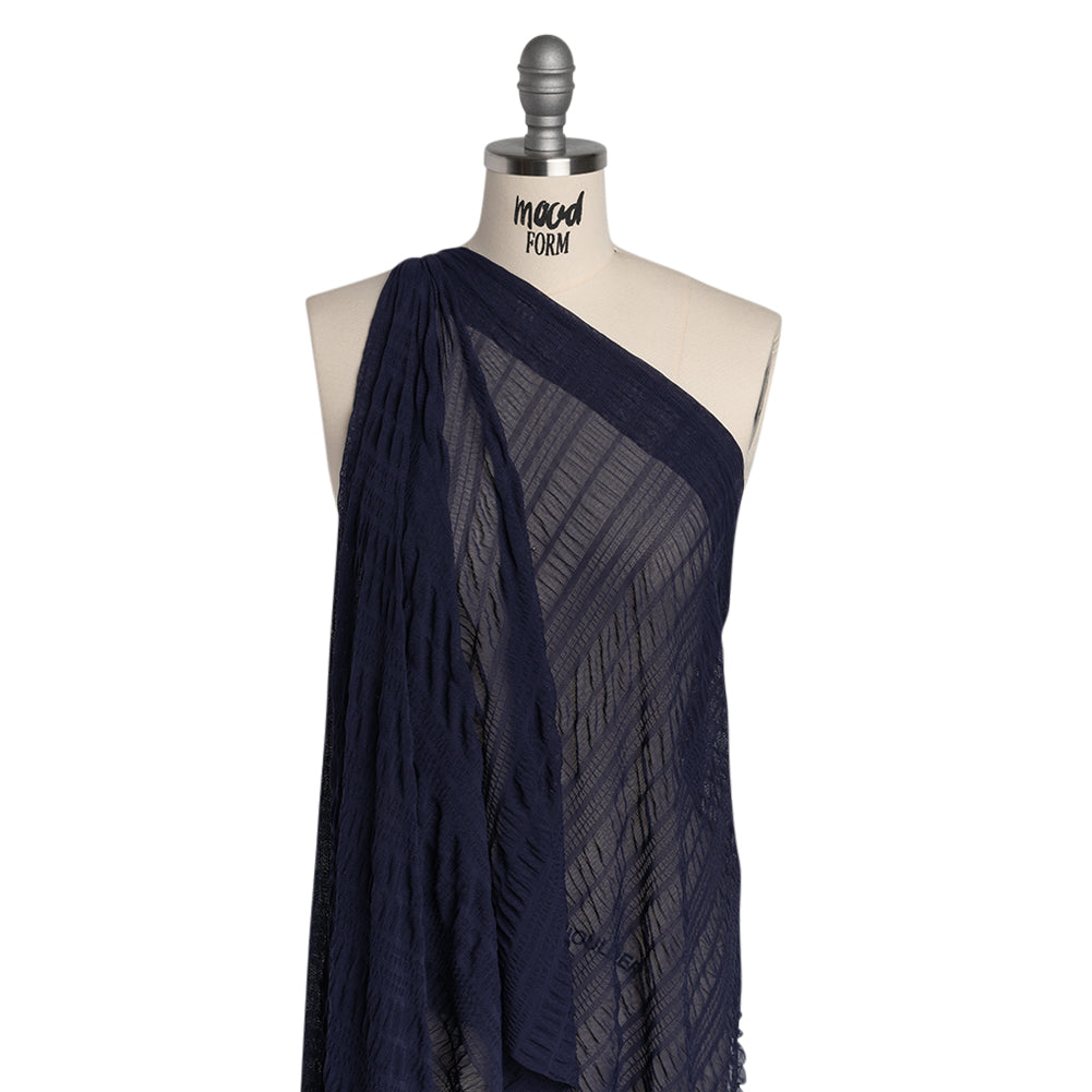 Ruched Stretched Nylon Mesh - Navy Blue Stripes - Designer Deadstock - Drape