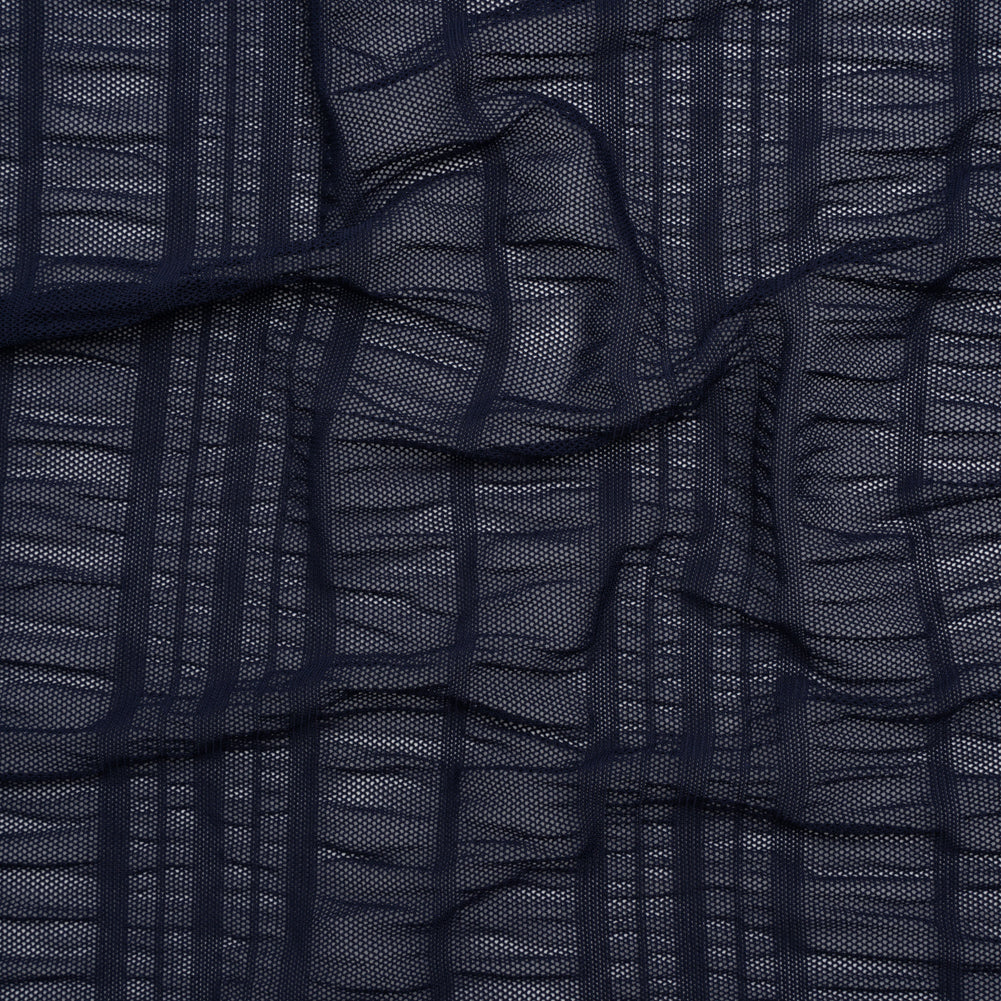 Ruched Stretched Nylon Mesh - Navy Blue Stripes - Designer Deadstock