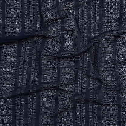 Ruched Stretched Nylon Mesh - Navy Blue Stripes - Designer Deadstock