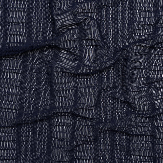 Ruched Stretched Nylon Mesh - Navy Blue Stripes - Designer Deadstock