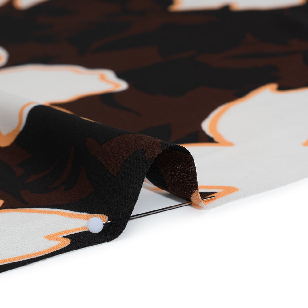 Polyester Charmeuse - Brown, Black and Creamsicle Orange Floral Silhouettes and Outlines - Designer Deadstock - Detail