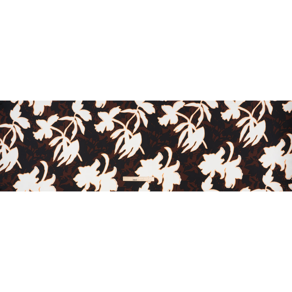 Polyester Charmeuse - Brown, Black and Creamsicle Orange Floral Silhouettes and Outlines - Designer Deadstock - Full