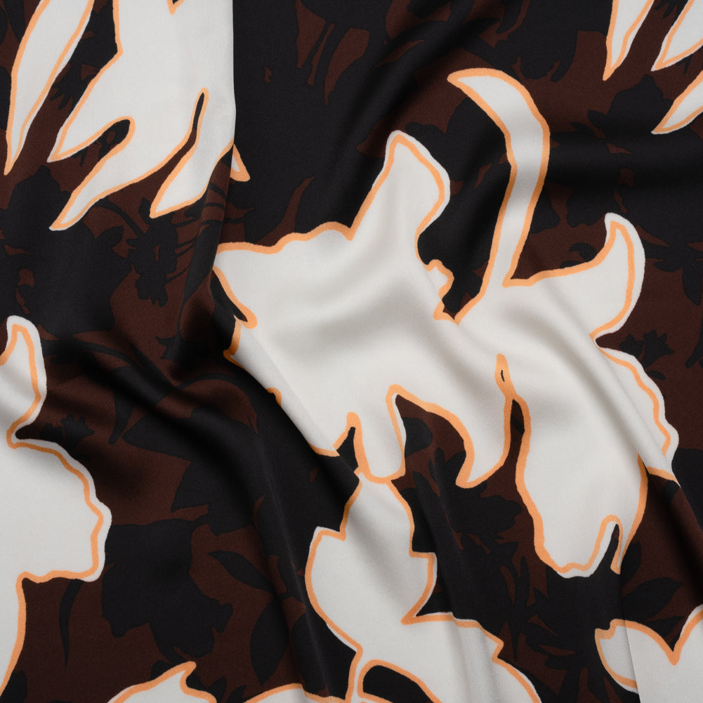 Polyester Charmeuse - Brown, Black and Creamsicle Orange Floral Silhouettes and Outlines - Designer Deadstock
