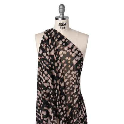 Polyester Stretch Mesh Print - Black, Beige and Cream Abstract Spots - Designer Deadstock Folded