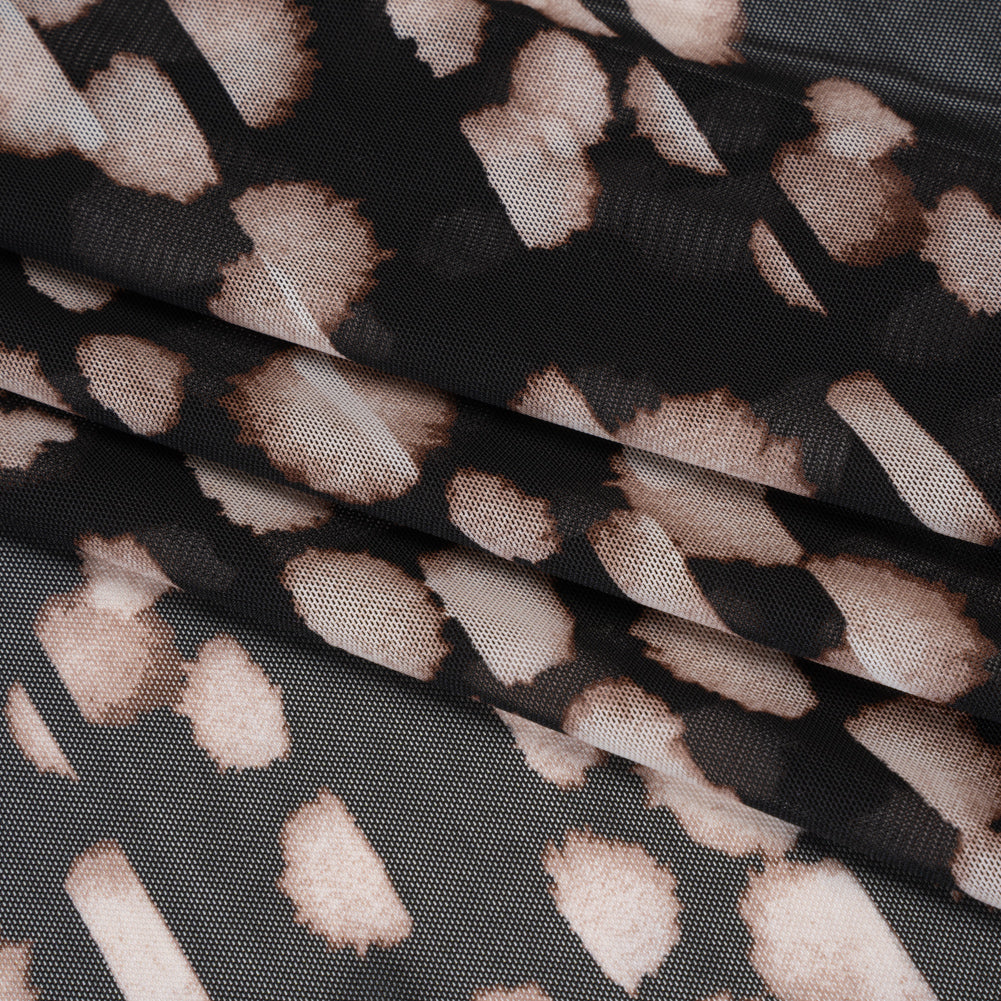 Polyester Stretch Mesh Print - Black, Beige and Cream Abstract Spots - Designer Deadstock Detail