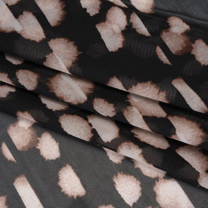 Polyester Stretch Mesh Print - Black, Beige and Cream Abstract Spots - Designer Deadstock Detail