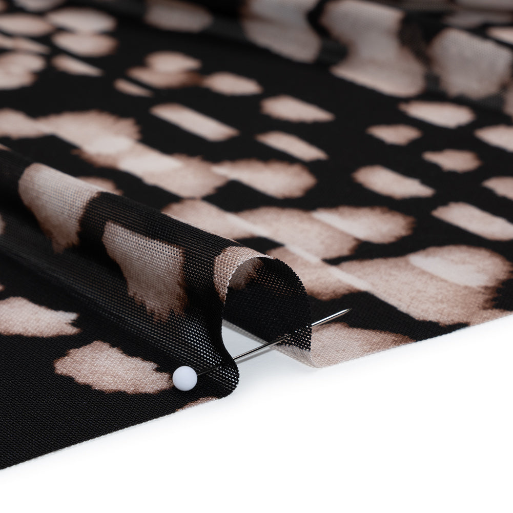 Polyester Stretch Mesh Print - Black, Beige and Cream Abstract Spots - Designer Deadstock Full