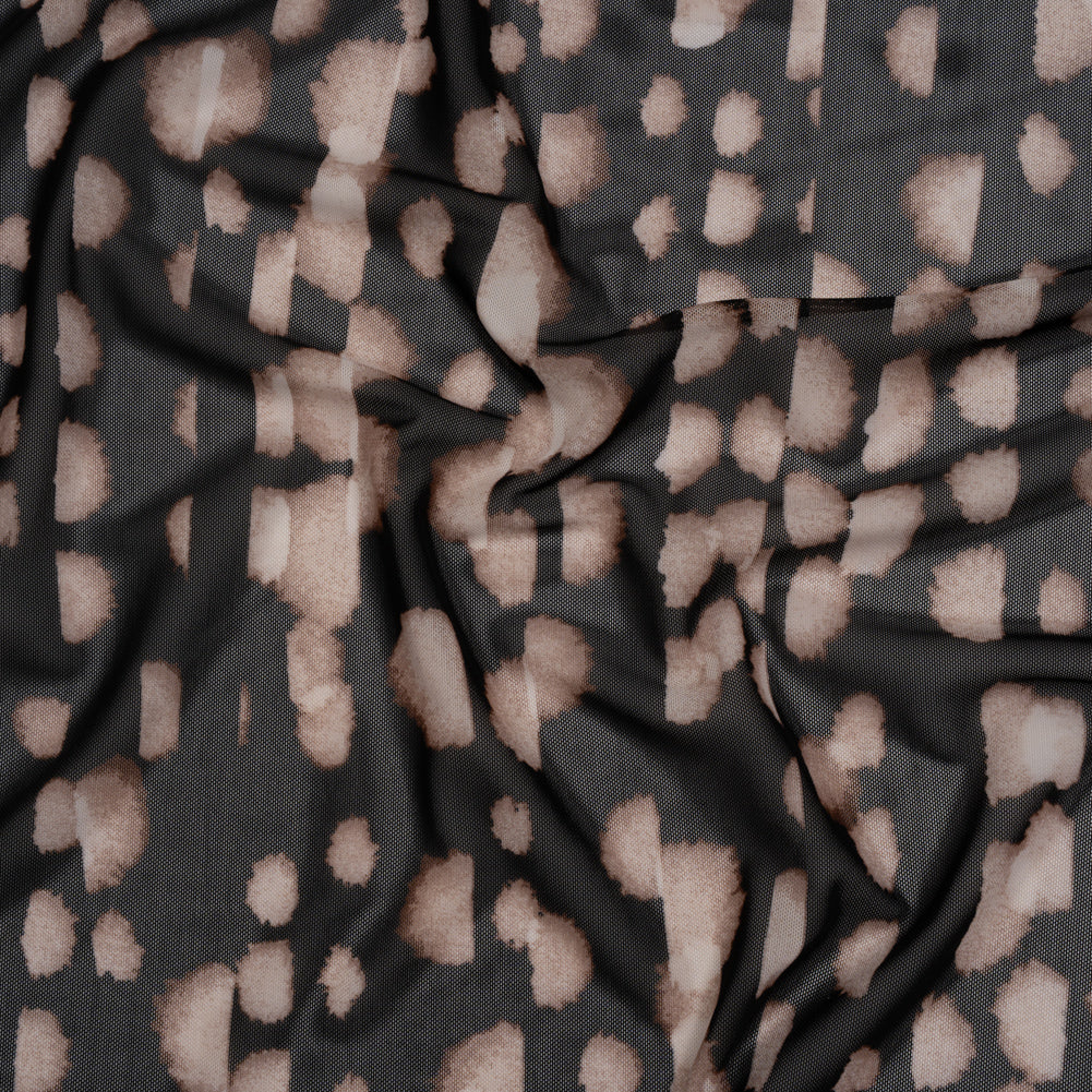 Polyester Stretch Mesh Print - Black, Beige and Cream Abstract Spots - Designer Deadstock Drape