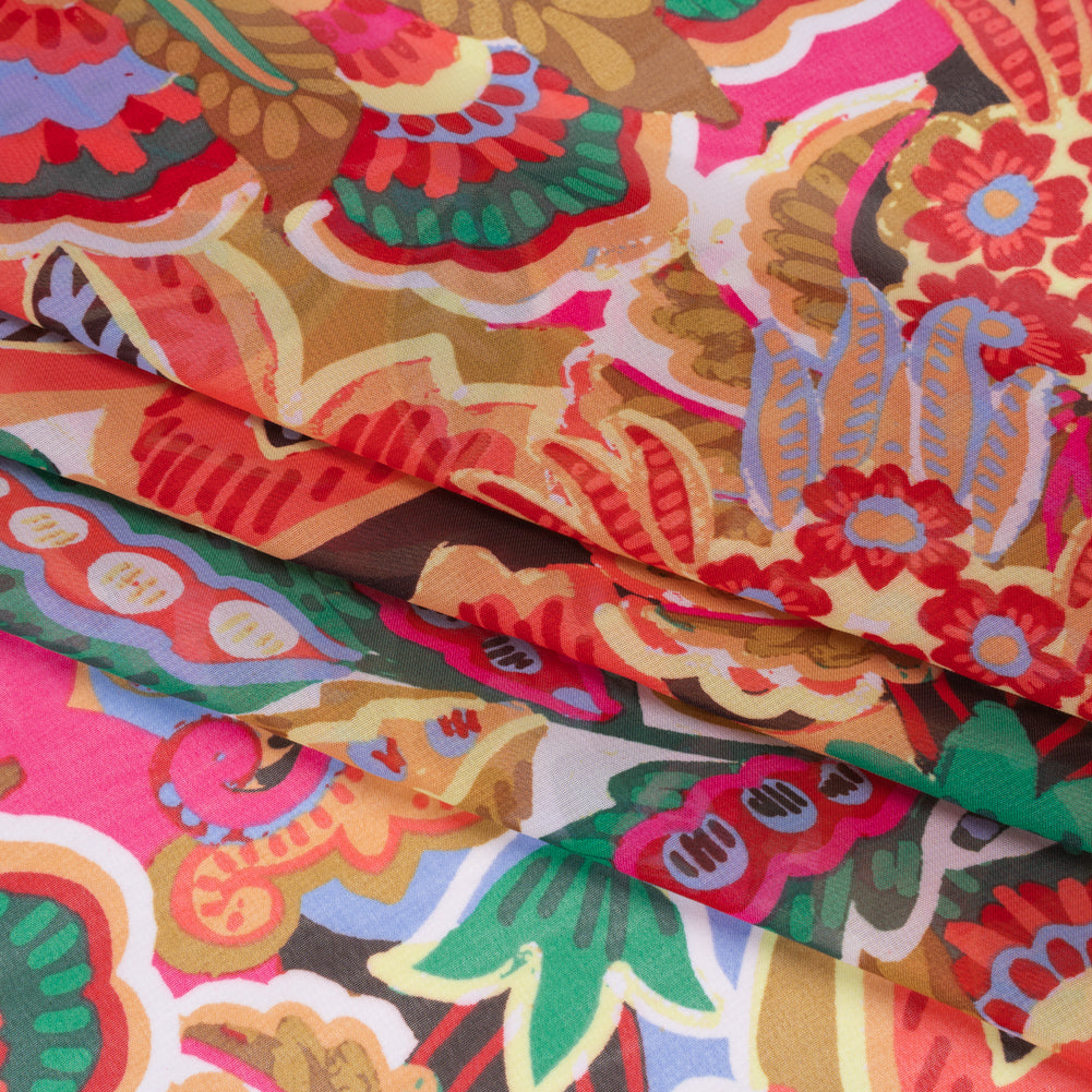 Polyester Chiffon Print - Gold, Green and Pink Whimsical Florals - Designer Deadstock