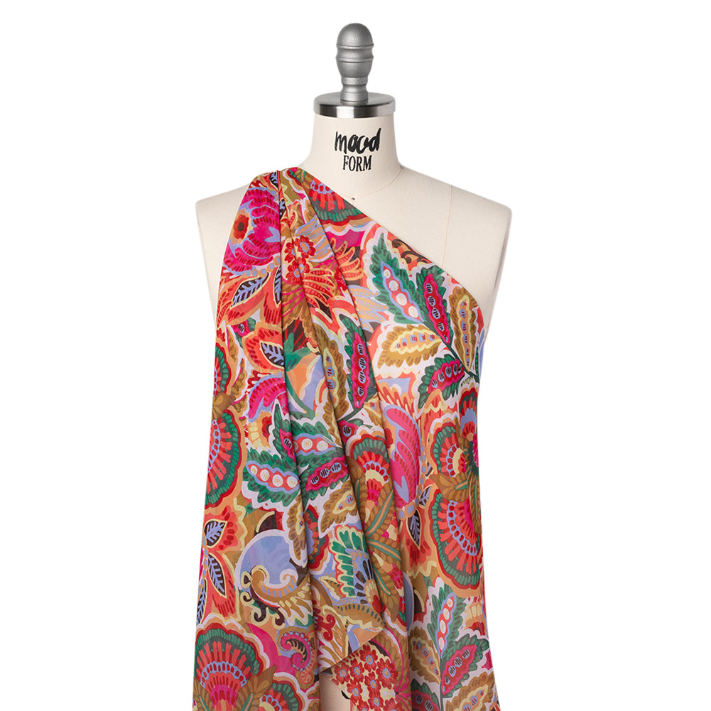 Polyester Chiffon Print - Gold, Green and Pink Whimsical Florals - Designer Deadstock