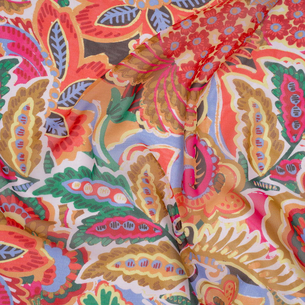 Polyester Chiffon Print - Gold, Green and Pink Whimsical Florals - Designer Deadstock