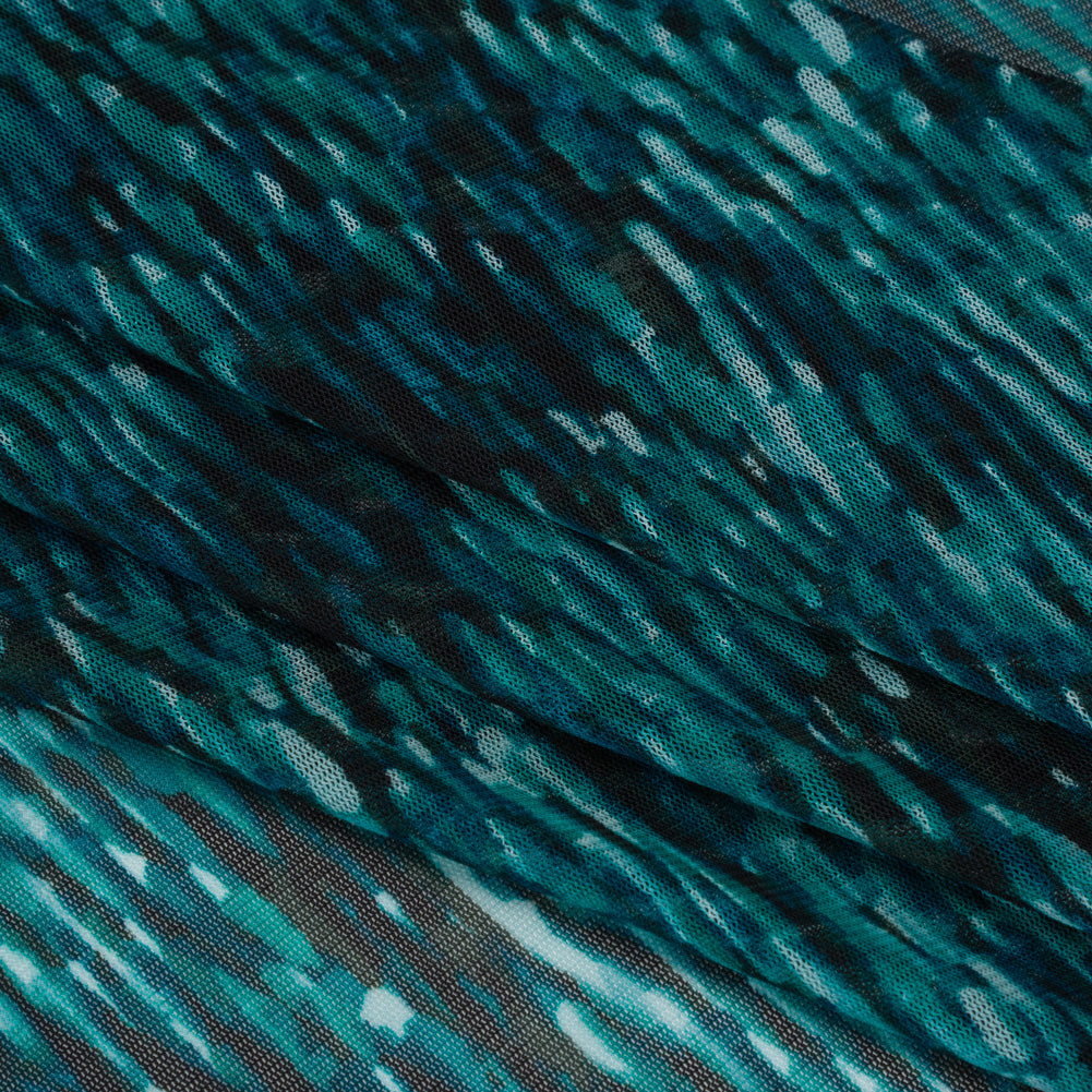 Polyester Stretch Mesh Print - Black and Teal Striations - Designer Deadstock Detail