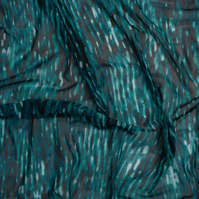 Polyester Stretch Mesh Print - Black and Teal Striations - Designer Deadstock Drape