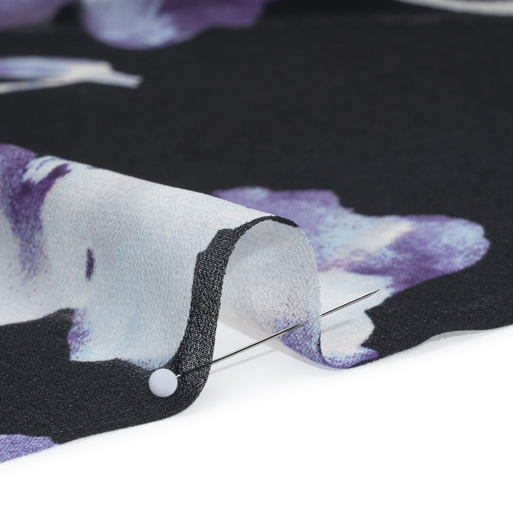 Polyester Chiffon Print - Black, White and Purple Watercolor Flowers - Designer Deadstock