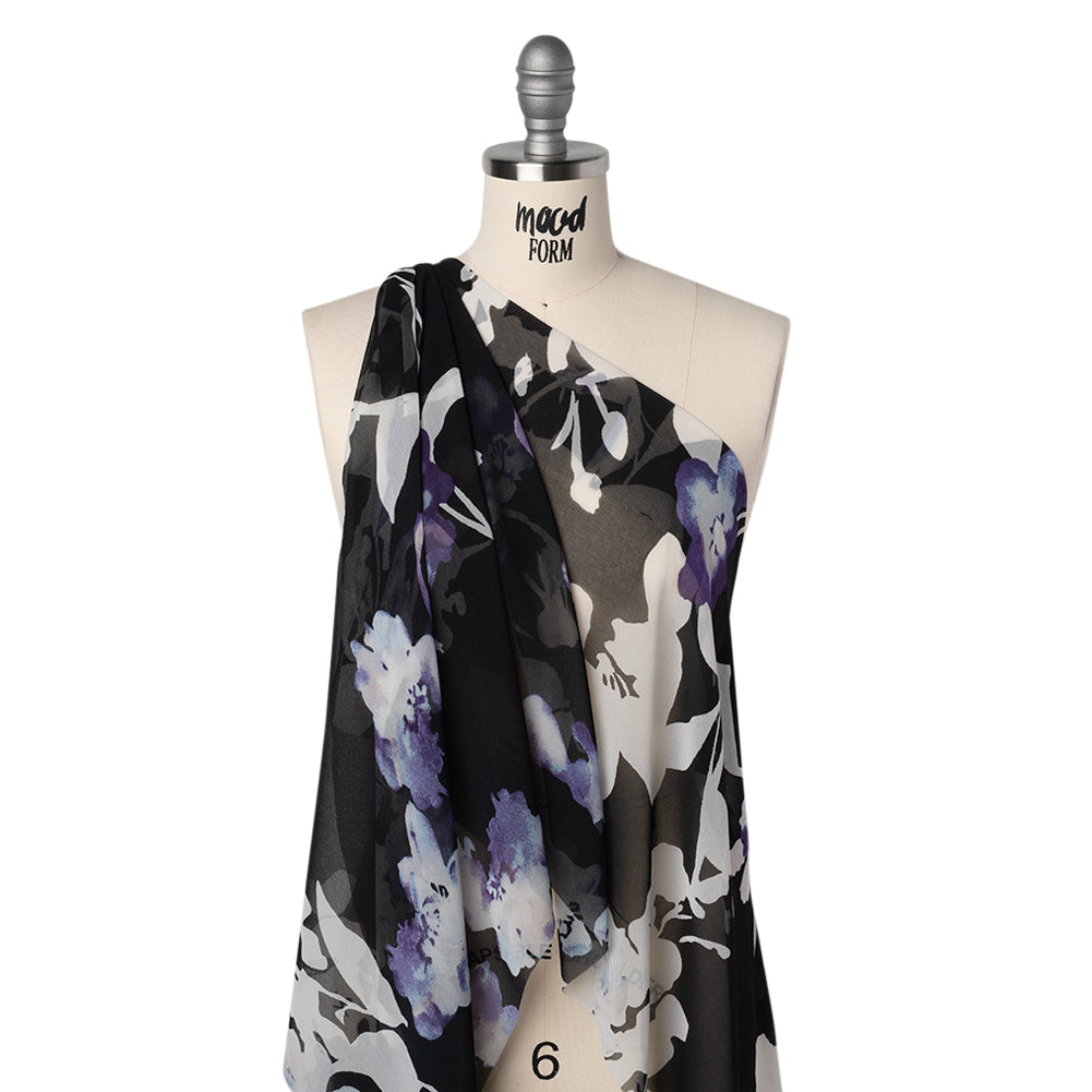 Polyester Chiffon Print - Black, White and Purple Watercolor Flowers - Designer Deadstock