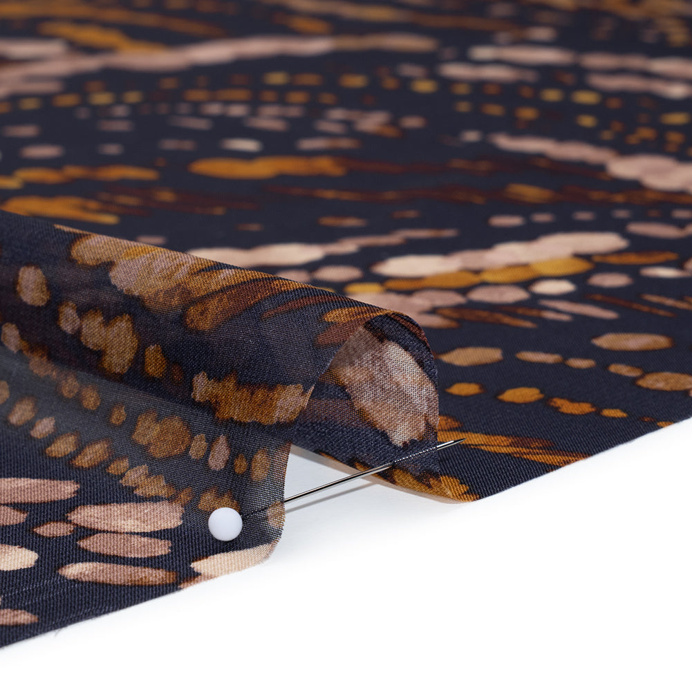 Polyester Chiffon Print - Navy, Brown and Natural Abstracted Animal Spots - Designer Deadstock - Detail