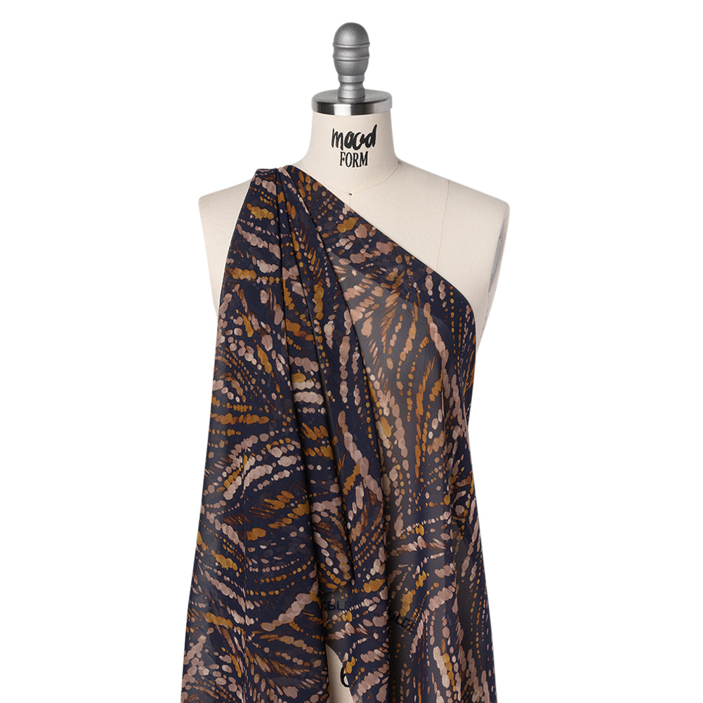 Polyester Chiffon Print - Navy, Brown and Natural Abstracted Animal Spots - Designer Deadstock - Drape