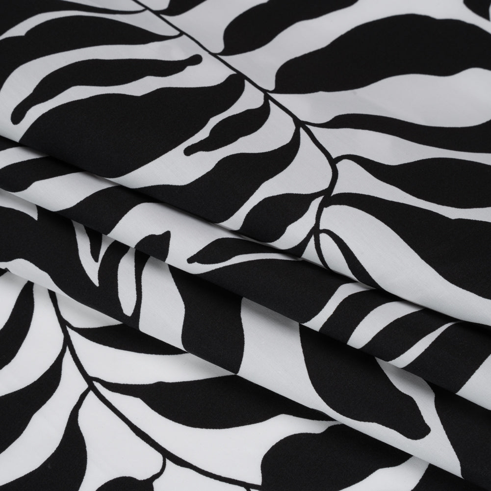 Cotton Poplin - Black and White Abstracted Leaves and Animal Stripes - Designer Deadstock Folded