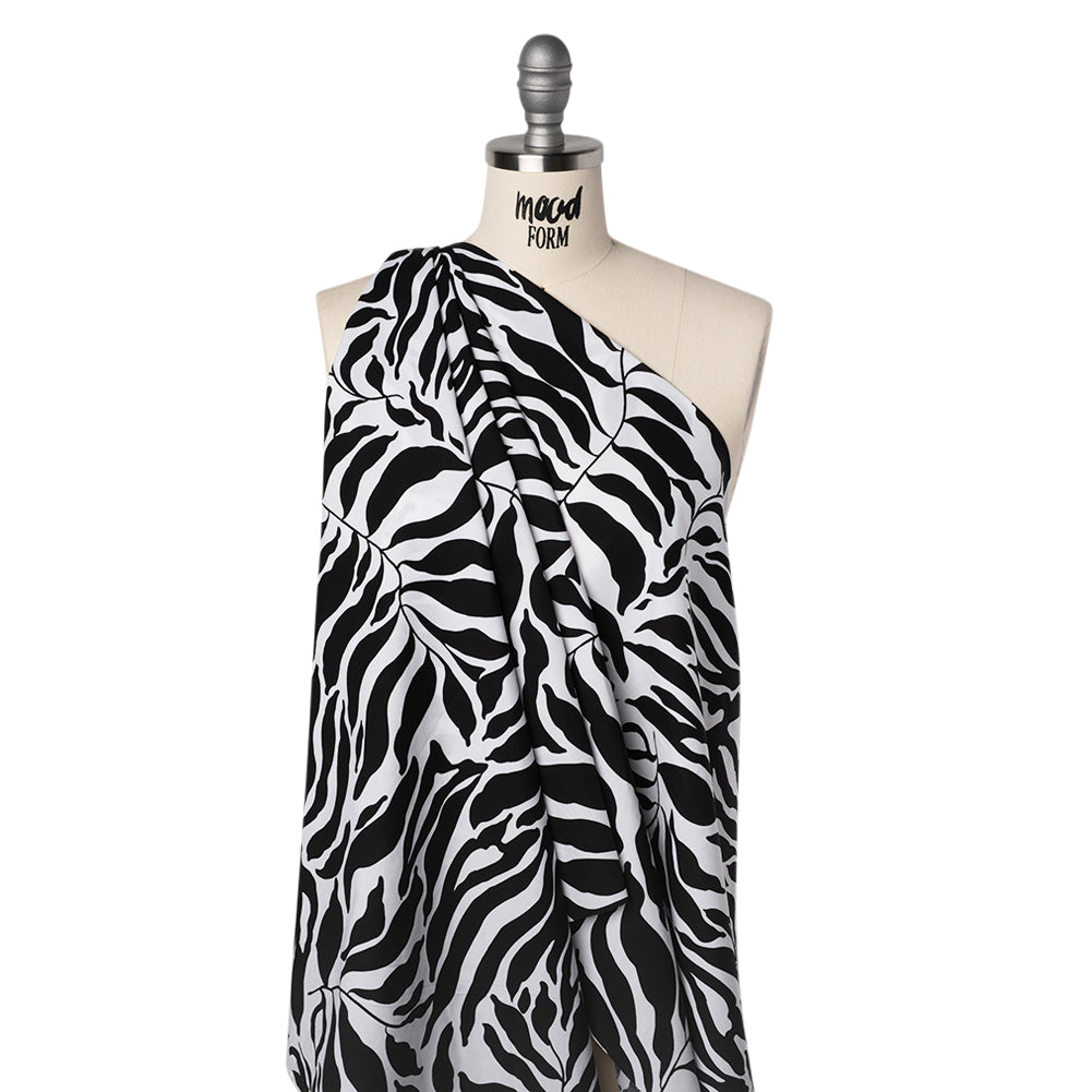 Cotton Poplin - Black and White Abstracted Leaves and Animal Stripes - Designer Deadstock Drape