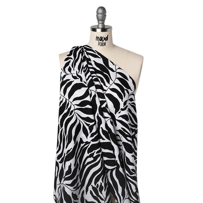 Cotton Poplin - Black and White Abstracted Leaves and Animal Stripes - Designer Deadstock Drape