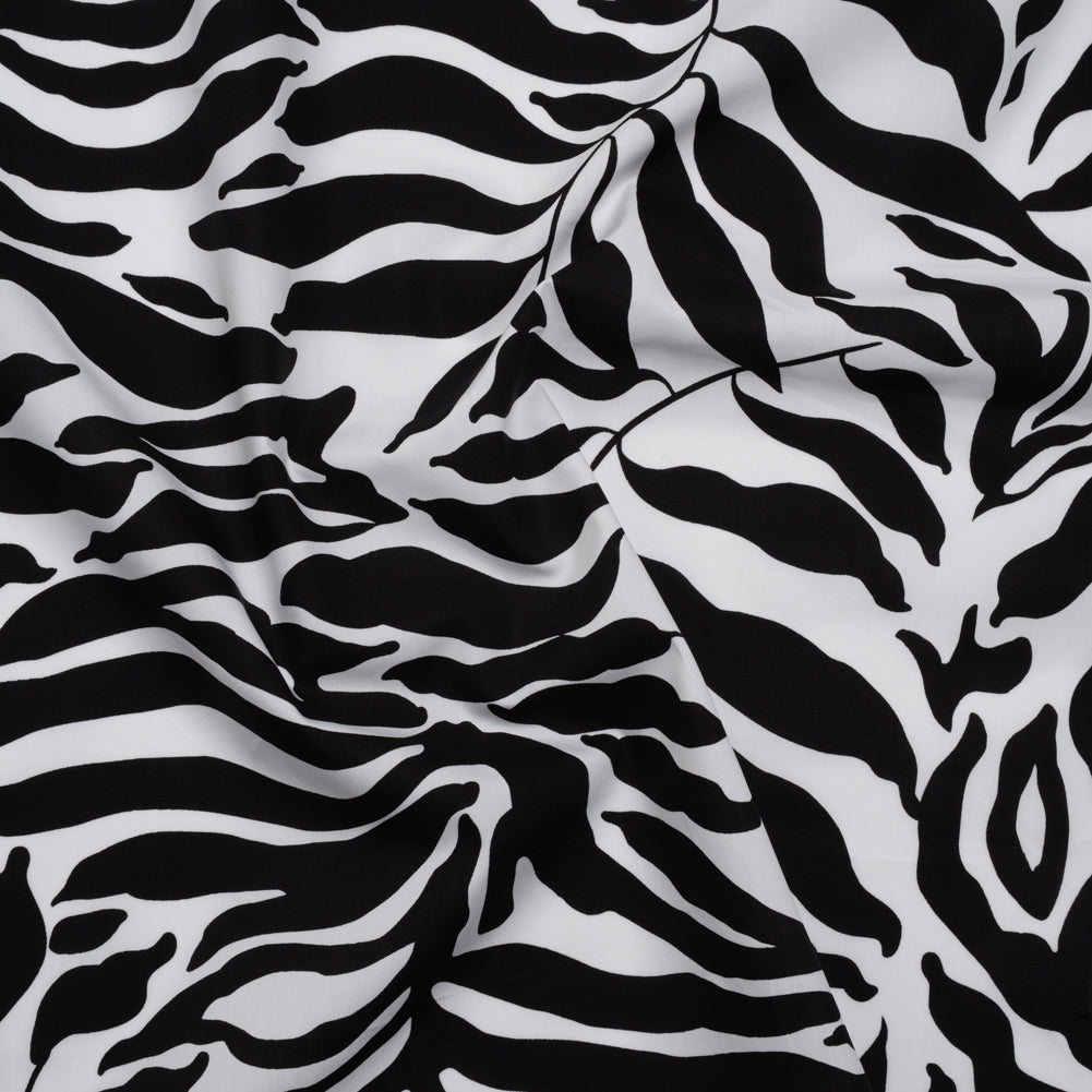 Cotton Poplin - Black and White Abstracted Leaves and Animal Stripes - Designer Deadstock
