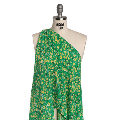 Puckered Polyester Crepe - Kelly Green and Yellow Floral - Designer Deadstock