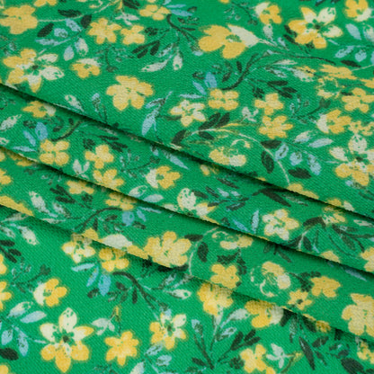 Puckered Polyester Crepe - Kelly Green and Yellow Floral - Designer Deadstock