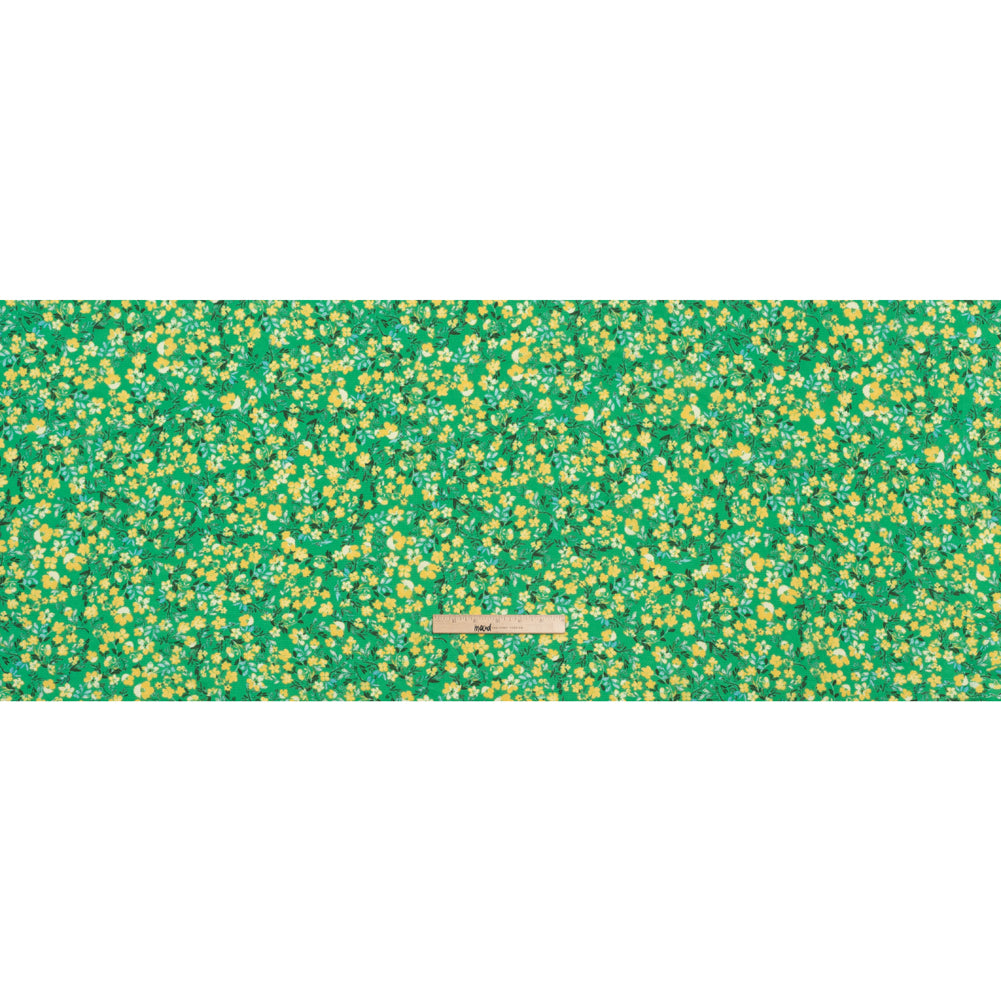Puckered Polyester Crepe - Kelly Green and Yellow Floral - Designer Deadstock